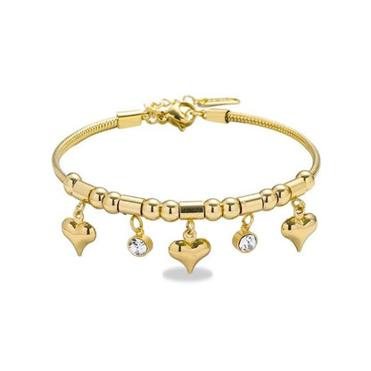 TITLIYA gold-tone bracelet featuring heart charms and clear stone accents on a textured bead and tube chain.