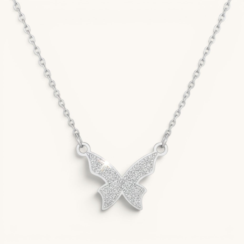 TITLIYA hallmarked stainless steel butterfly pendant necklace with a shimmering textured finish on a delicate chain.