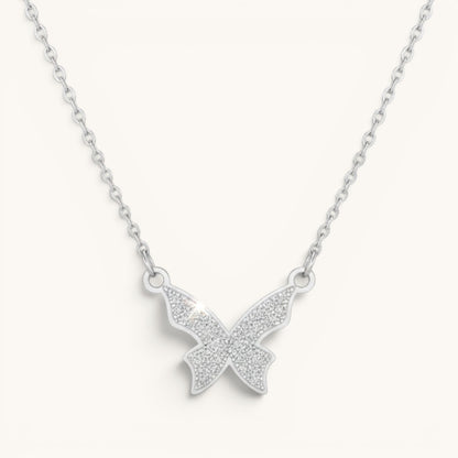 TITLIYA hallmarked stainless steel butterfly pendant necklace with a shimmering textured finish on a delicate chain.