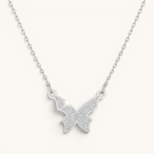 TITLIYA hallmarked stainless steel butterfly pendant necklace with a shimmering textured finish on a delicate chain.
