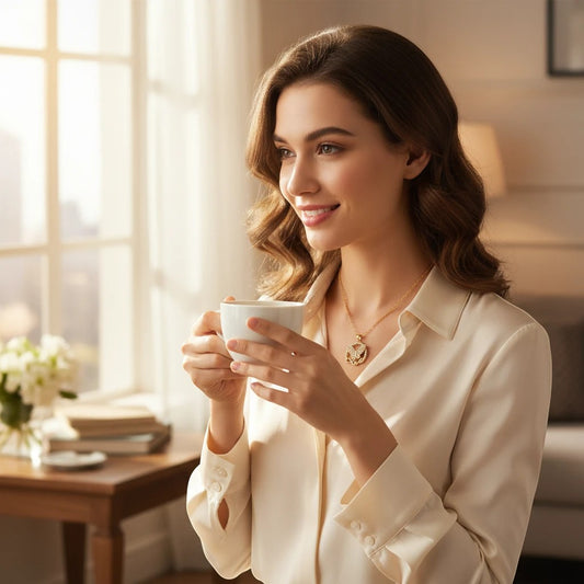 Woman wearing a gold-tone TITLIYA stainless steel butterfly pendant with Love etching while holding a coffee cup.
