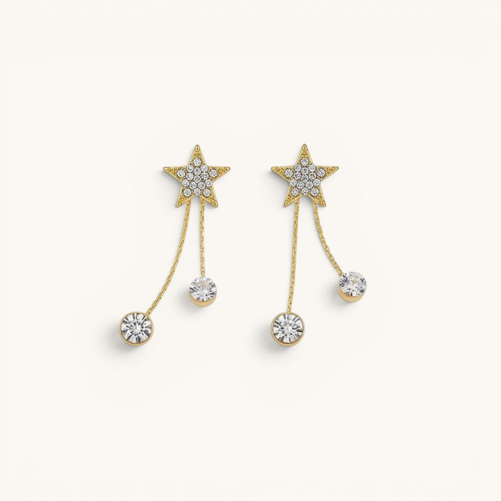 TITLIYA gold-tone star drop earrings with sparkling crystal accents, perfect for daily wear or elegant gifting.
