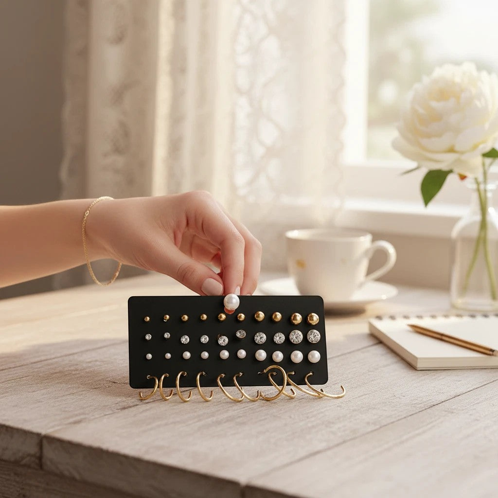 TITLIYA set of 20 elegant stud earrings featuring gold, crystal, and pearl designs on a display card held by a hand.