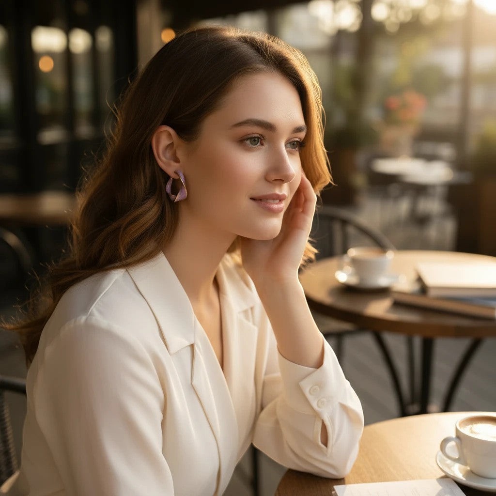 Woman wearing elegant TITLIYA twisted Korean earrings in a soft lavender hue, styled for a chic cafe setting.