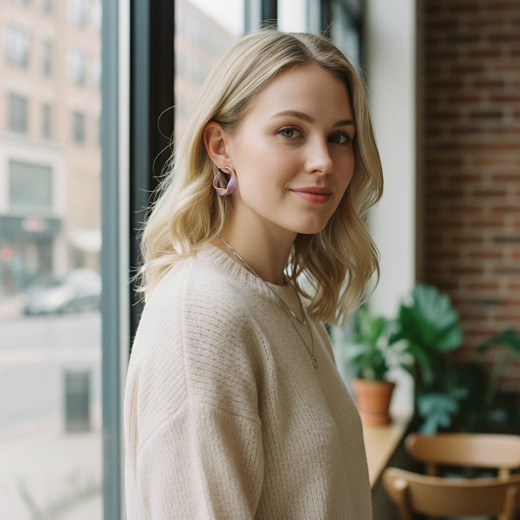 Woman wearing TITLIYA twisted Korean hoop earrings in lavender and gold, styled for an elegant everyday look.