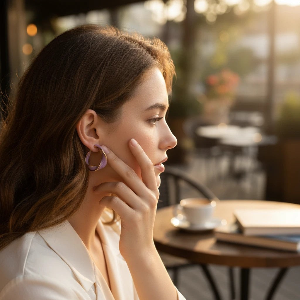 Woman wearing TITLIYA twisted Korean hoop earrings in lavender and gold, styled for an elegant daily look.
