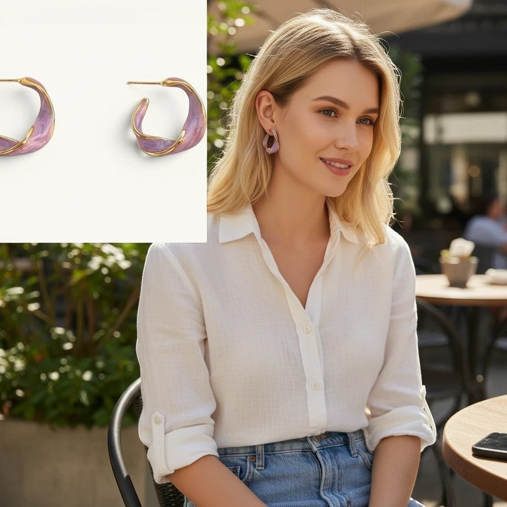TITLIYA twisted Korean hoop earrings in lavender and gold, worn by a woman in a white shirt at an outdoor cafe.