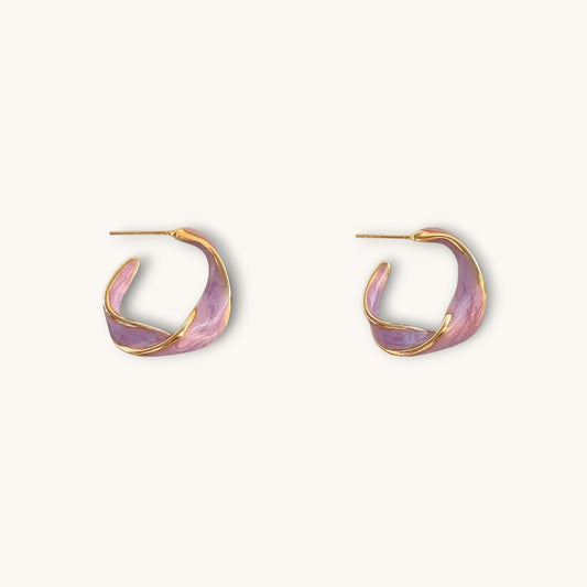 TITLIYA twisted Korean hoop earrings in gold with a marbled lavender enamel finish for elegant daily wear.