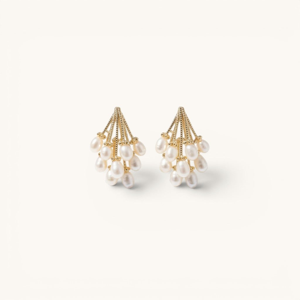 TITLIYA Korean-style gold-tone cluster earrings featuring multiple white water drop pearls for elegant daily wear.