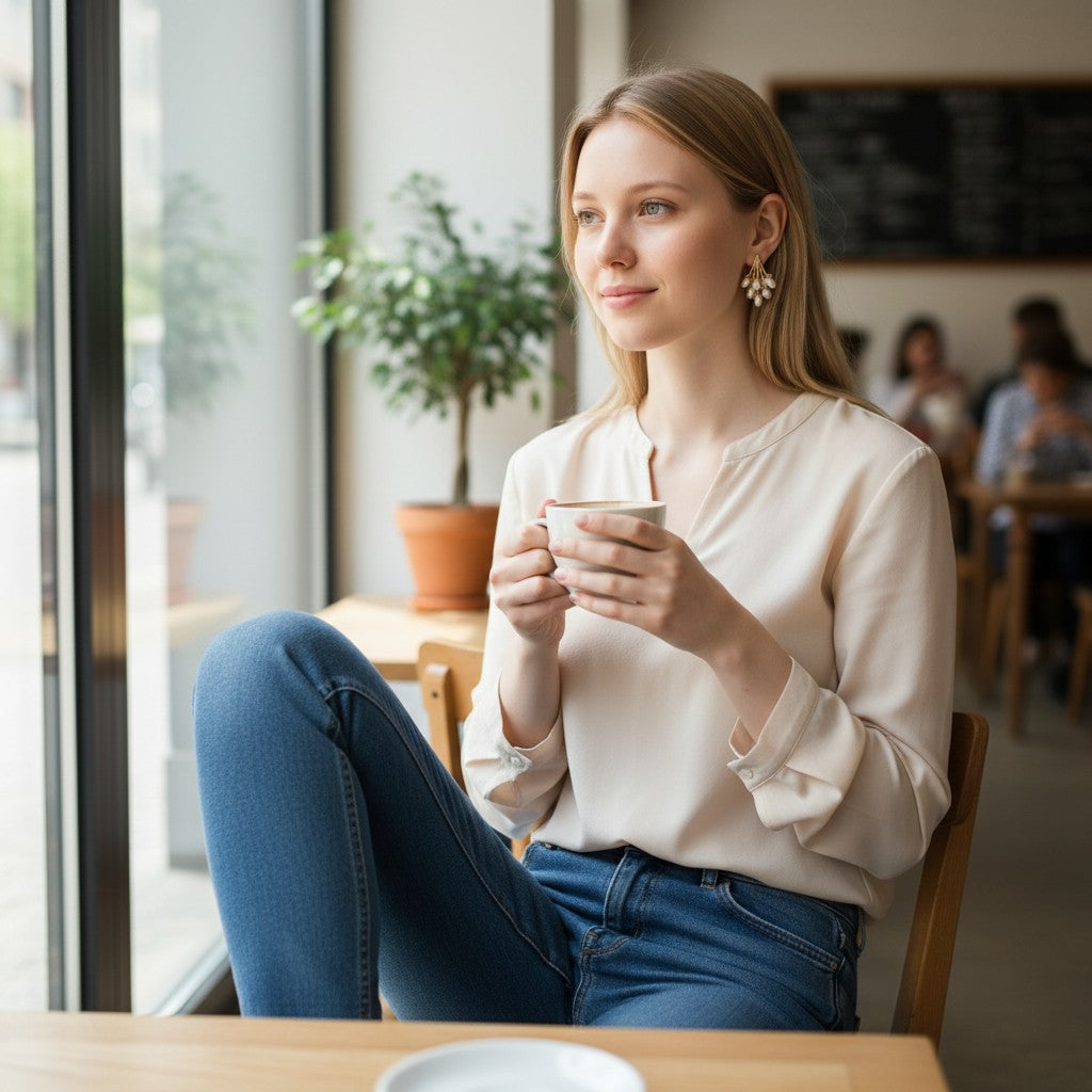 Woman wearing elegant TITLIYA Korean water drop style pearl earrings while holding a coffee cup in a cafe.