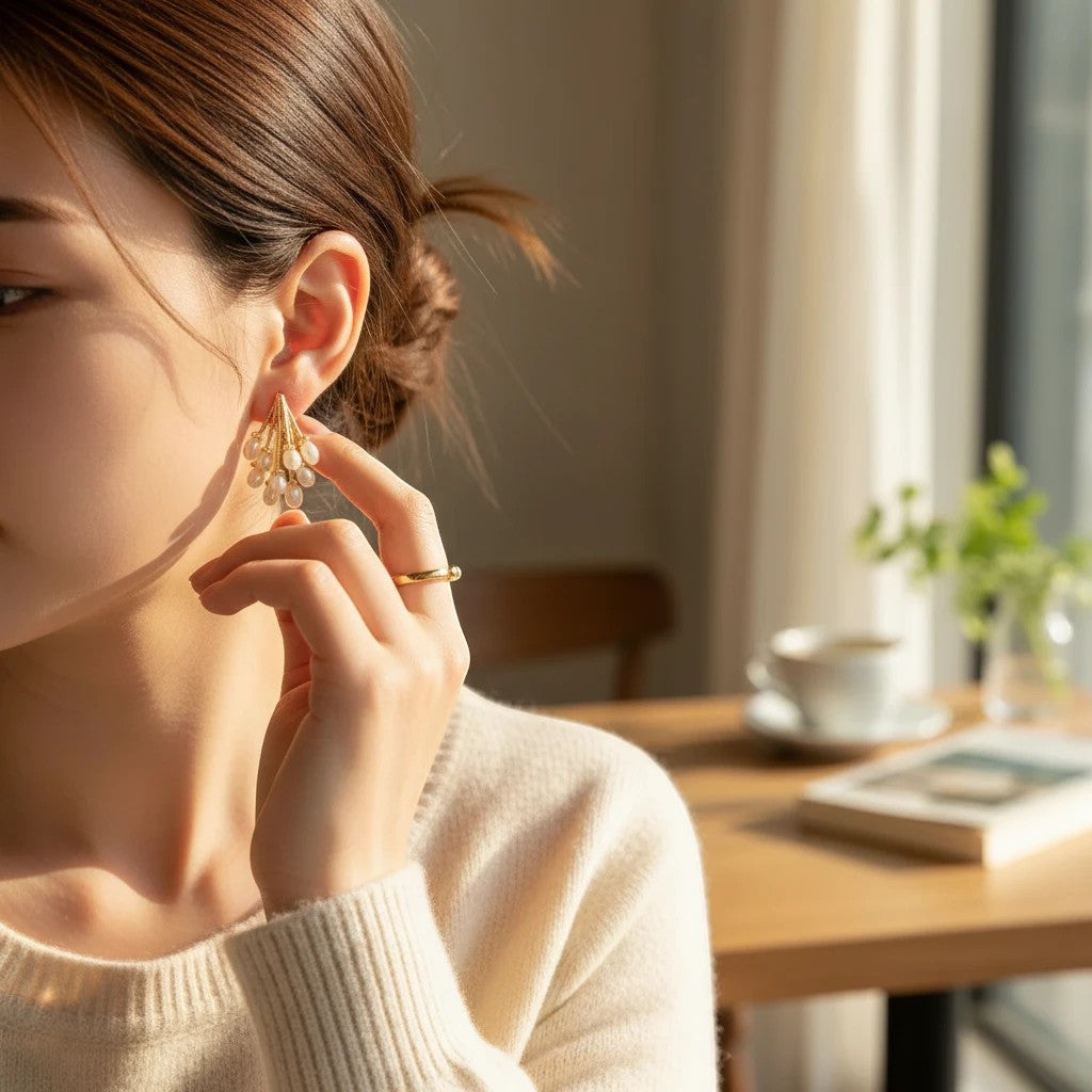 TITLIYA Korean water drop style gold-tone earrings with delicate pearl clusters worn by a woman in a cozy setting.