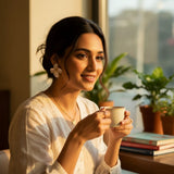 Woman wearing elegant white flower earrings by TITLIYA, styled with a white top while holding a coffee cup.