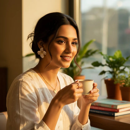 Woman wearing elegant white flower earrings by TITLIYA, styled with a white top while holding a coffee cup.