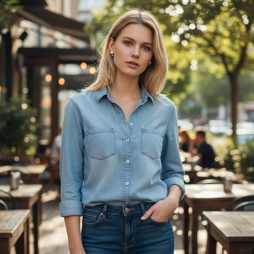A woman wearing elegant TITLIYA white heart diamond earrings, styled with a casual denim shirt in an outdoor cafe.