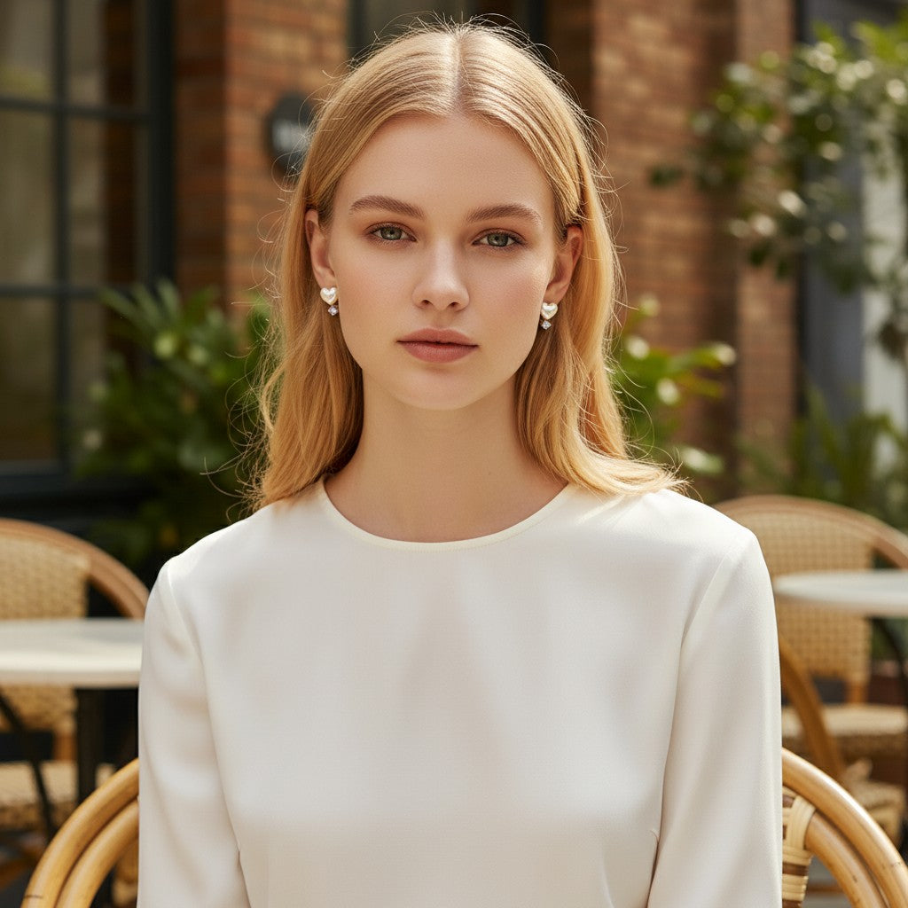 TITLIYA white heart diamond earrings worn by a blonde model in a white top, perfect for elegant daily wear.