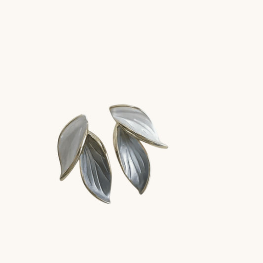 TITLIYA white leaf-shaped Korean stud earrings with elegant metallic detailing for daily wear.