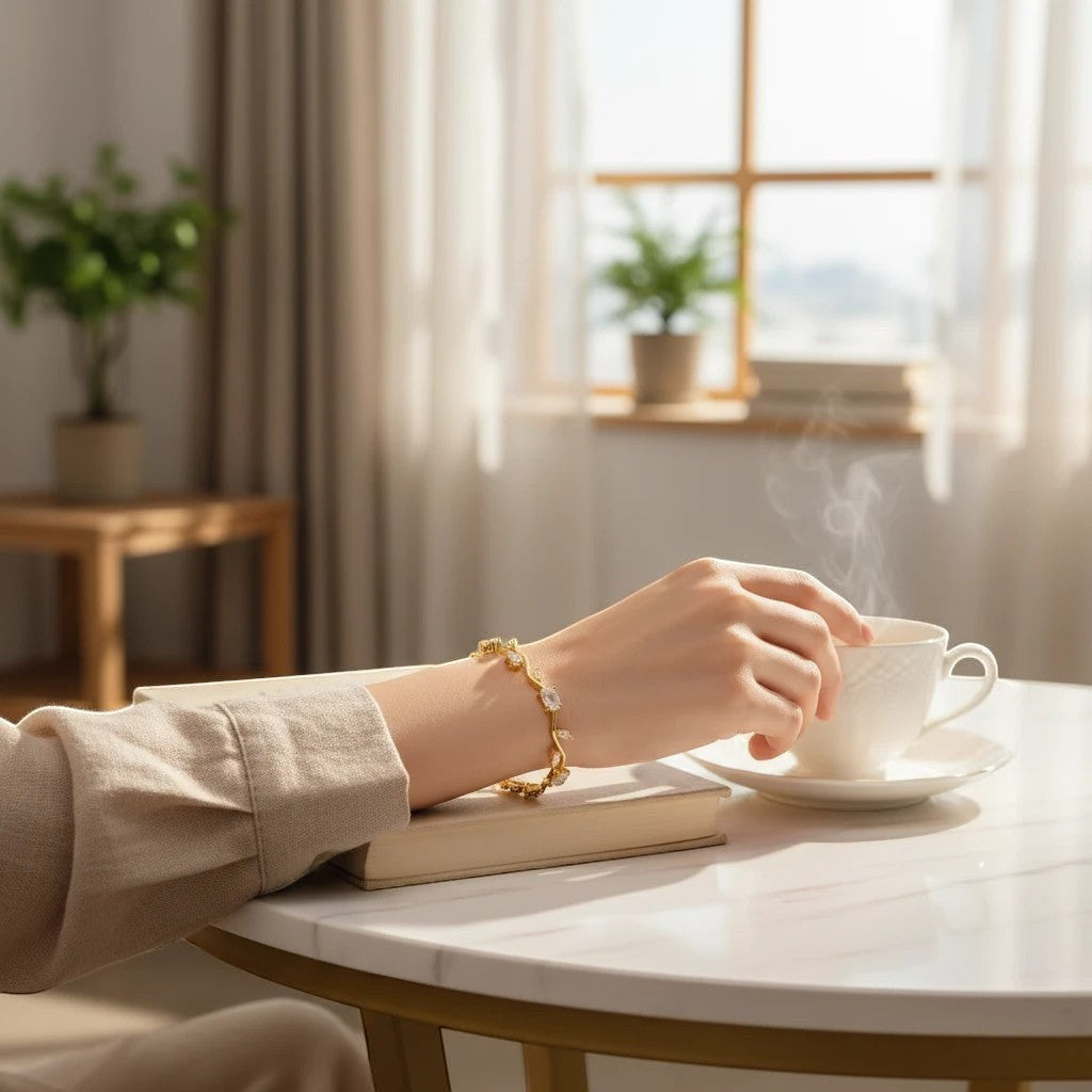 TITLIYA gold-tone vine bracelet with marquise-cut white stones worn on a wrist near a steaming cup of coffee.