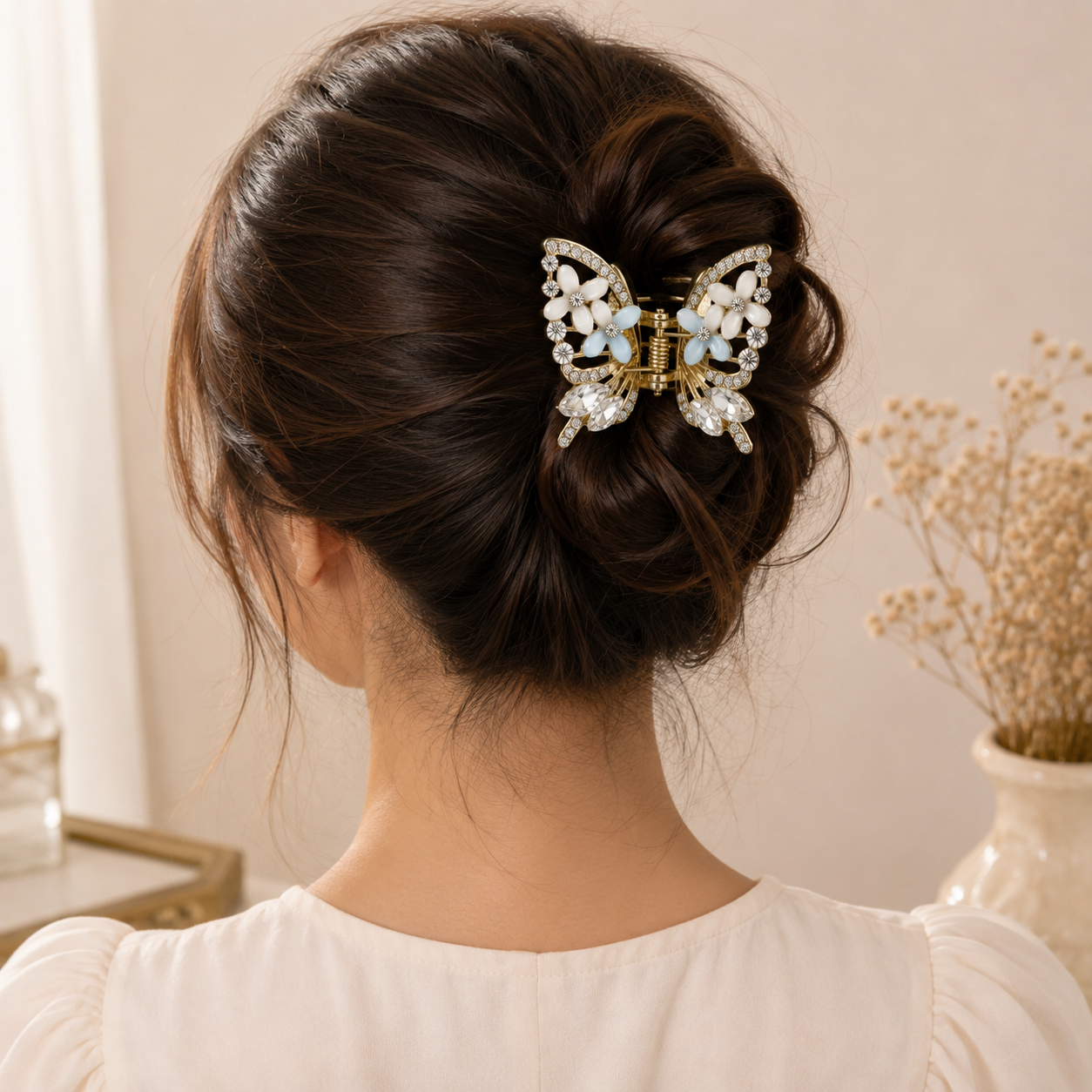 TITLIYA Korean White & Blue Butterfly Claw Hair Clip – Anti-Tarnish Floral Design