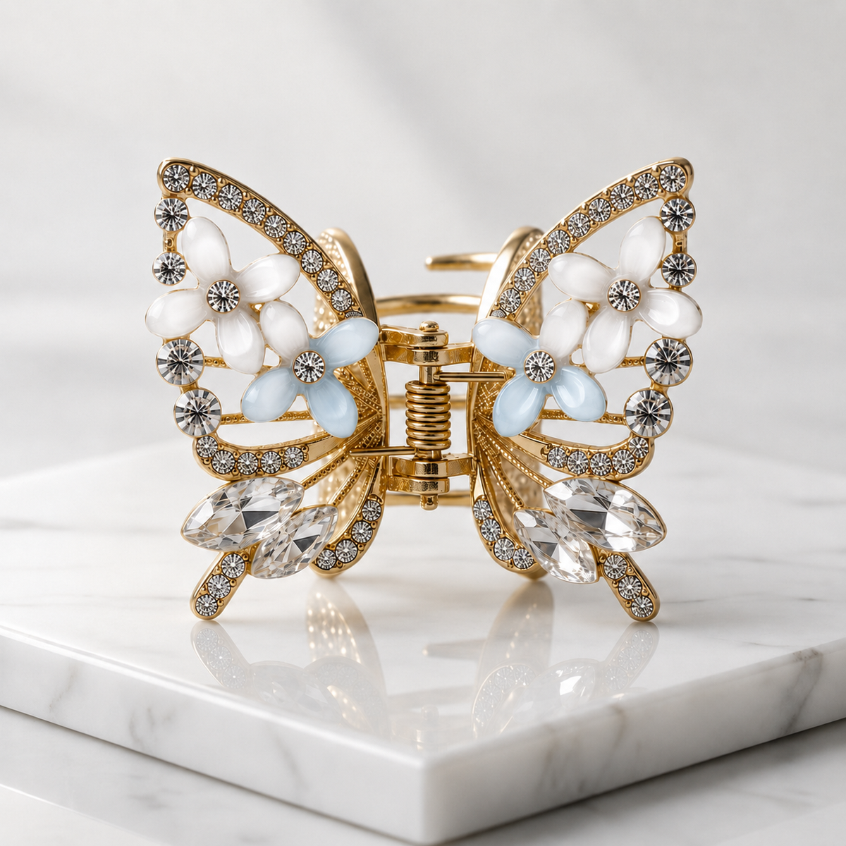 TITLIYA Korean White & Blue Butterfly Claw Hair Clip – Anti-Tarnish Floral Design