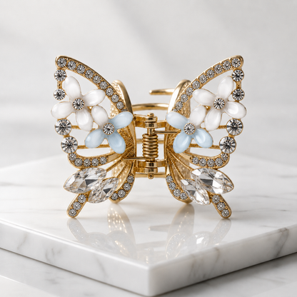 TITLIYA Korean White & Blue Butterfly Claw Hair Clip – Anti-Tarnish Floral Design